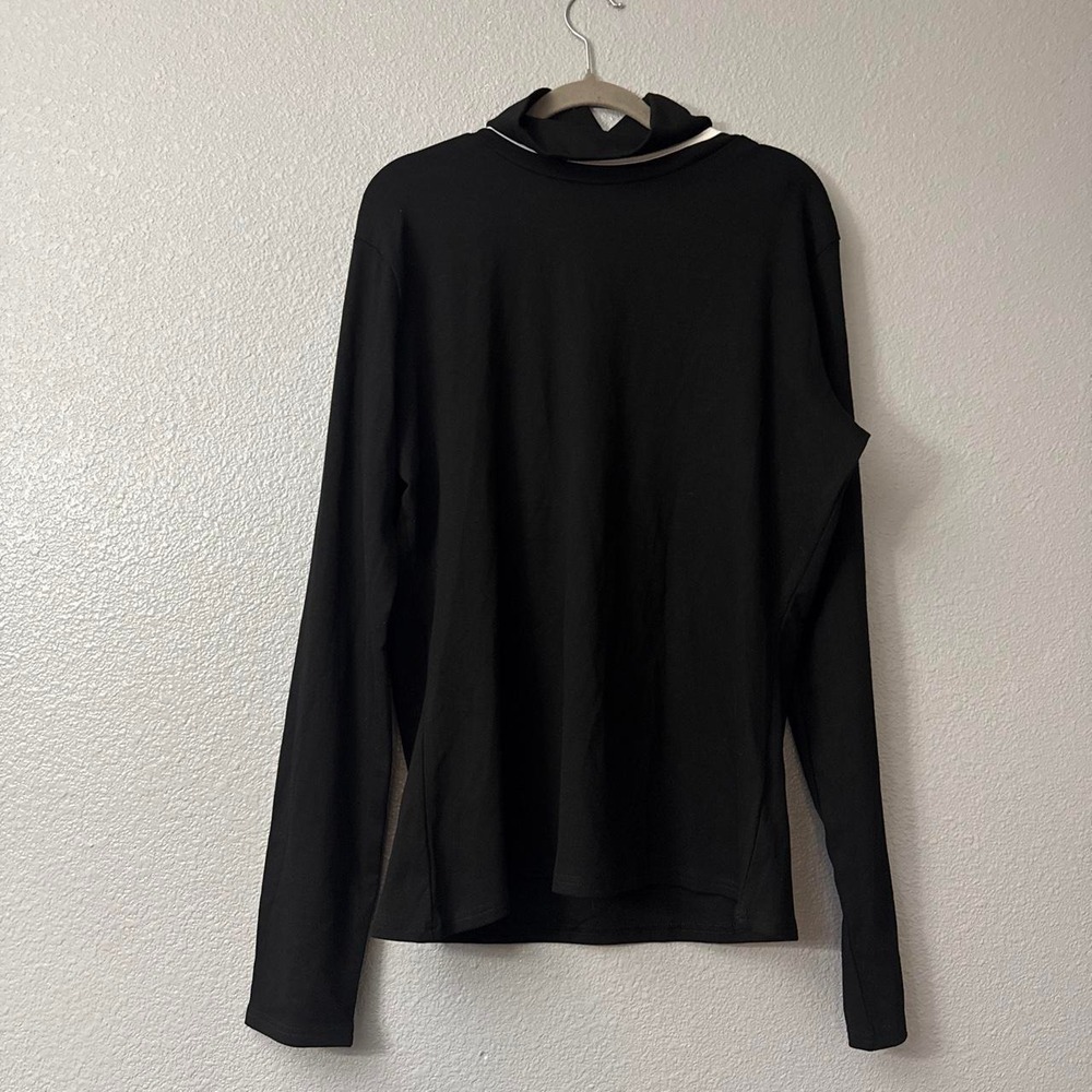 UOOZEE Women's Black Long Sleeve Mock Neck Top with White Piping Slim Fit Top